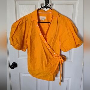 Anthropologie Orange Wrap Blouse with Puff Sleeves